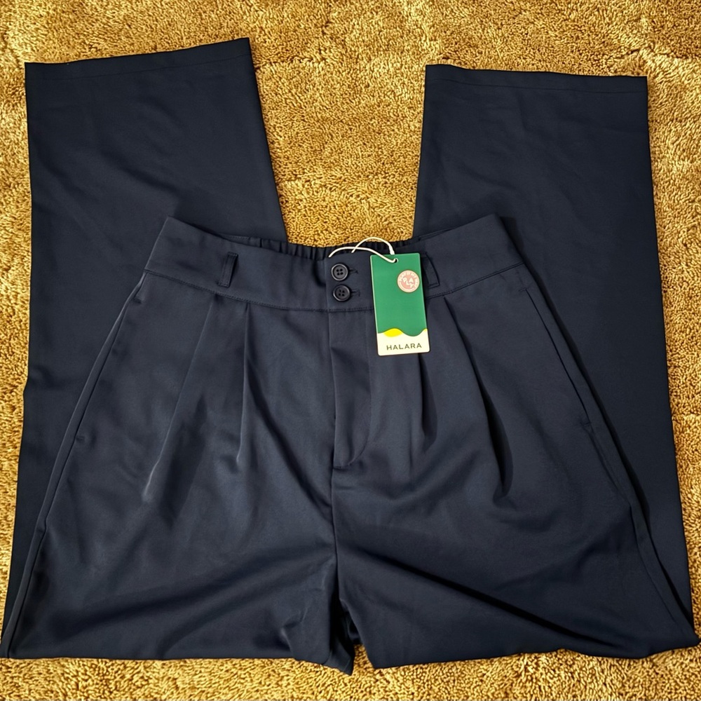 Halara Flex High Waisted Pleated Wide Leg Crepe Work Pants Navy M NWT